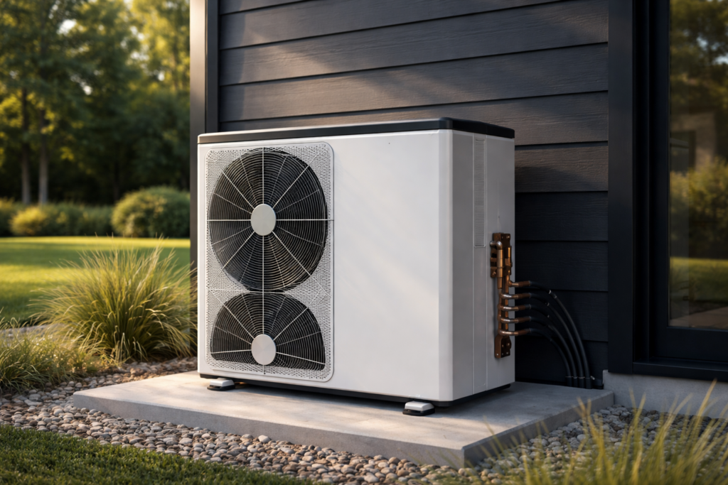 A modern outdoor condenser unit demonstrating the source of heat pump energy savings.