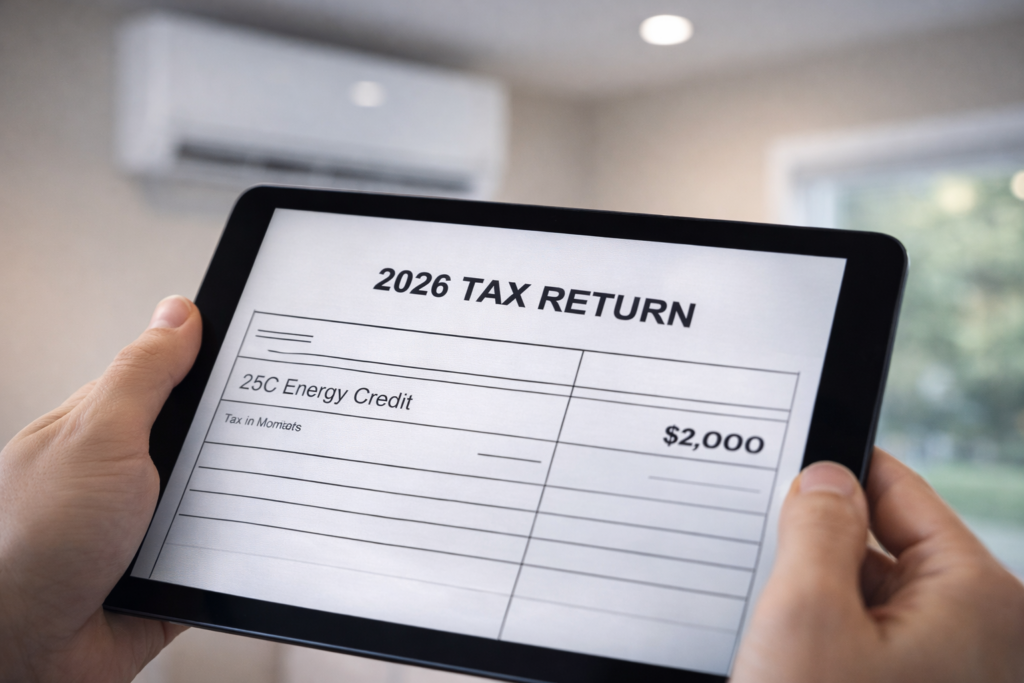 A digital tax return highlighting federal incentives that increase heat pump energy savings.