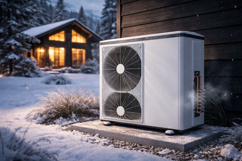 A cold-climate unit maintaining heat pump energy savings during a winter snowstorm.