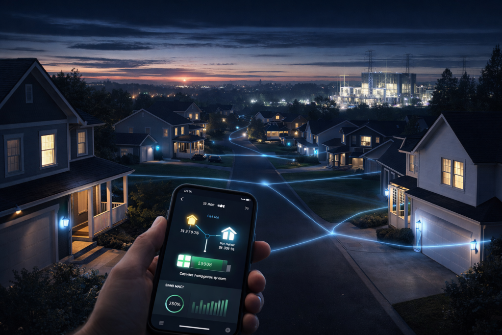 A residential neighborhood participating in a Virtual Power Plant to maximize home battery energy savings and grid stability.