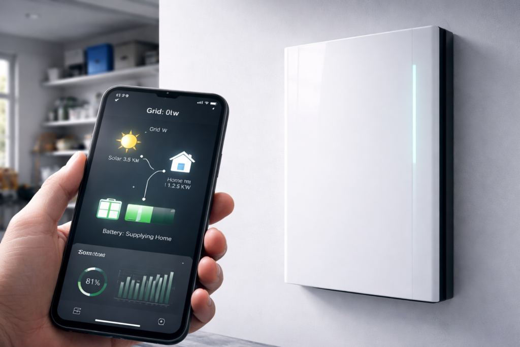 A homeowner monitoring home battery energy savings and real-time power discharge on a smartphone.