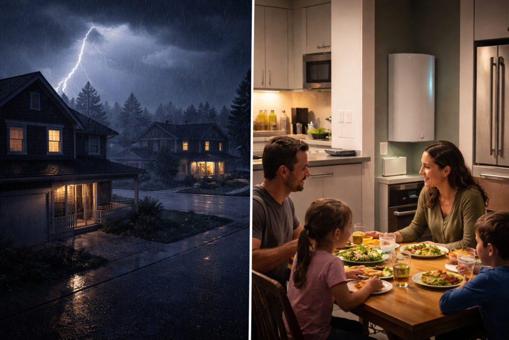 A resilient household maintaining critical power and home battery energy savings during a neighborhood blackout.