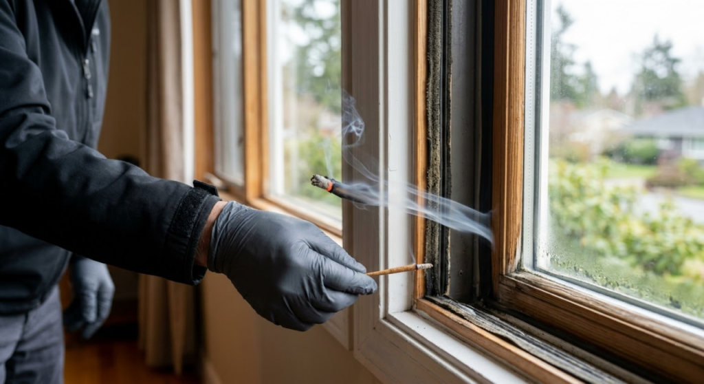 homeowner conducting a DIY home energy audit for air leaks