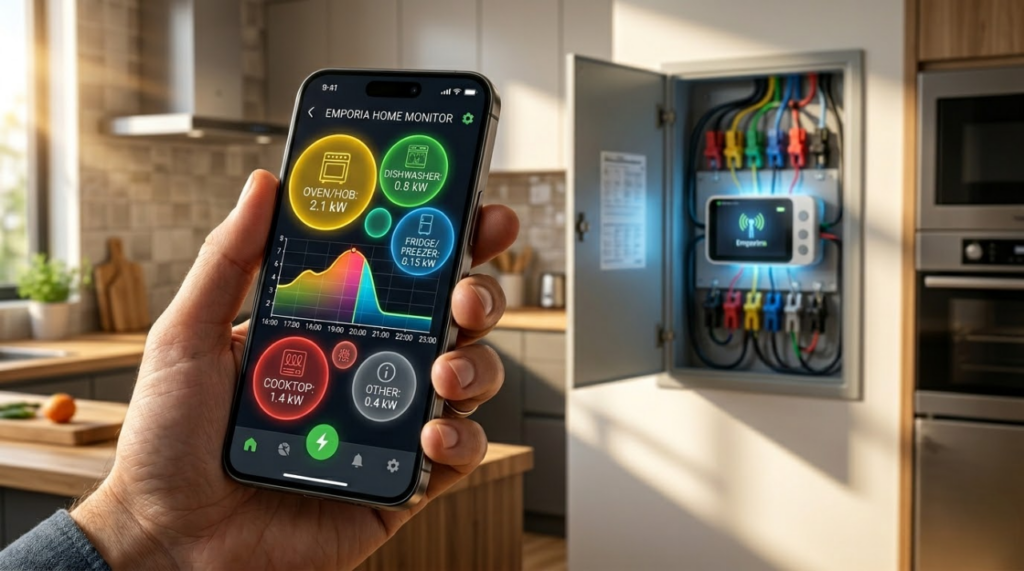 A homeowner checking a real-time energy monitoring app to maximize smart home energy savings.