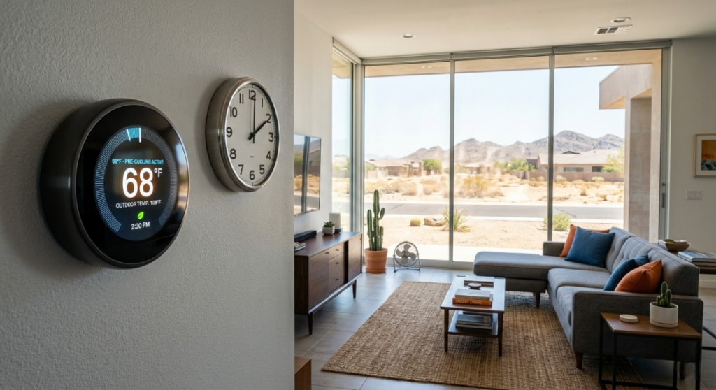 modern suburban living room in Arizona during mid-day with a large smart thermostat on the wall