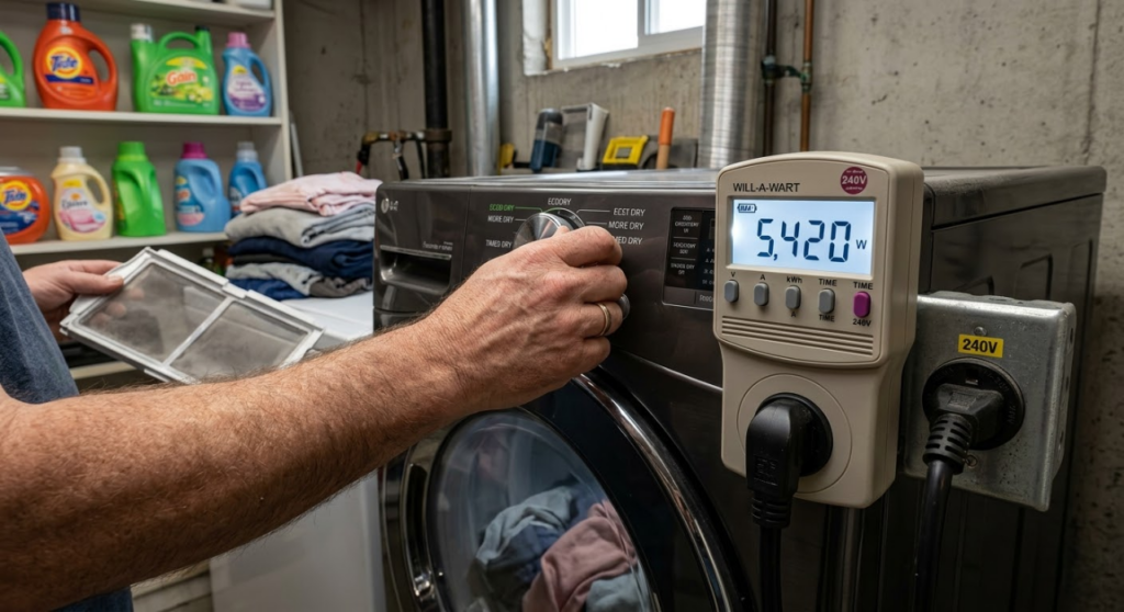electric clothes dryer with a Watt-meter