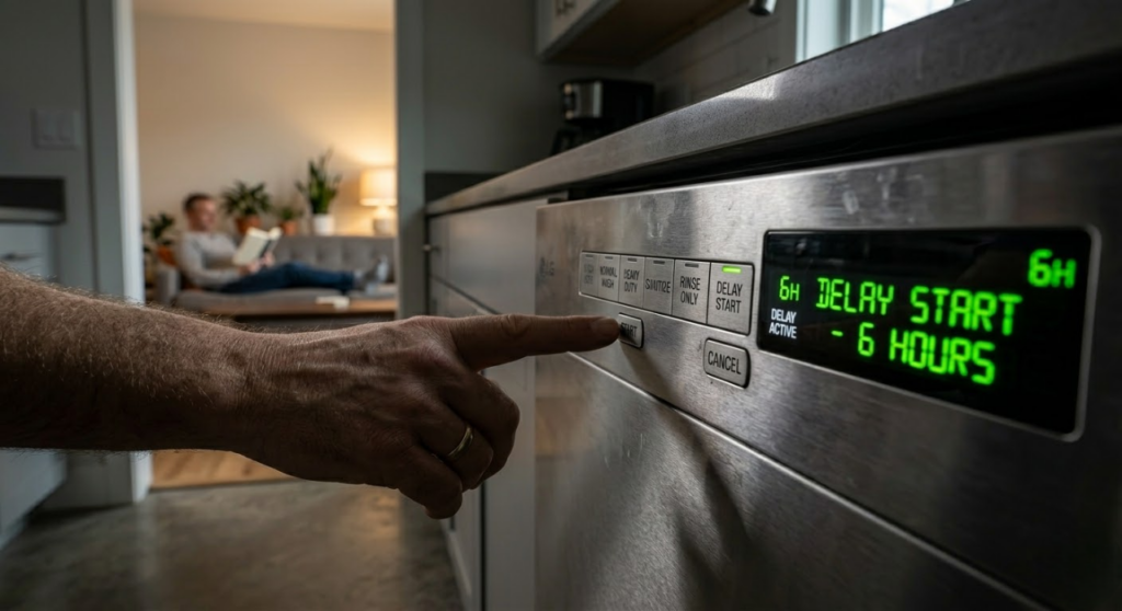 modern dishwasher control panel showing a 6 hour delay