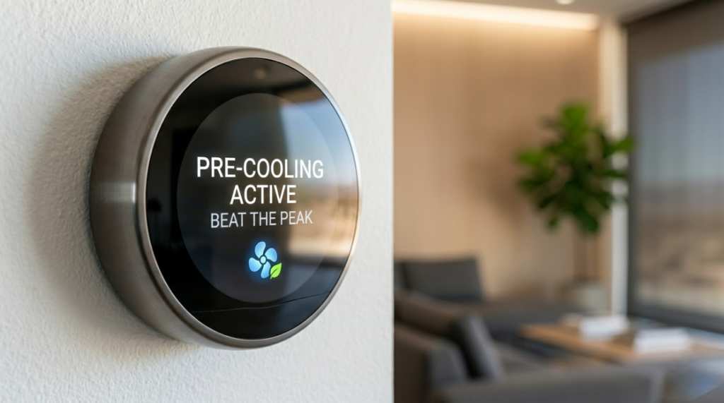 A smart thermostat executing a pre-cooling schedule to achieve smart home energy savings during peak hours.