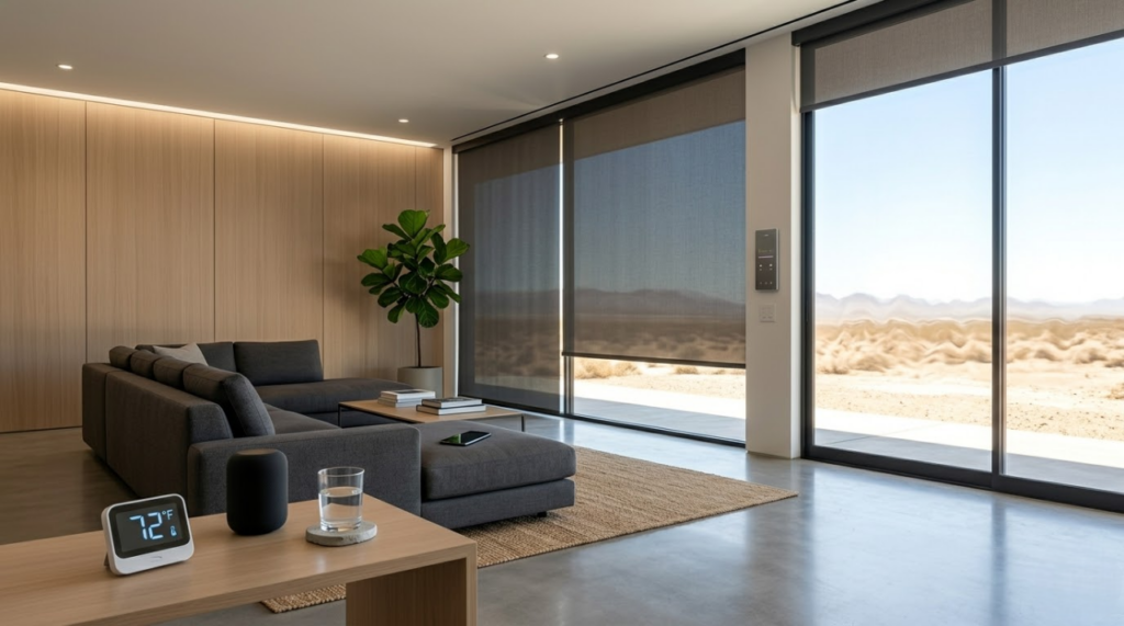 Automated smart blinds closing to reduce solar heat gain and improve smart home energy savings.